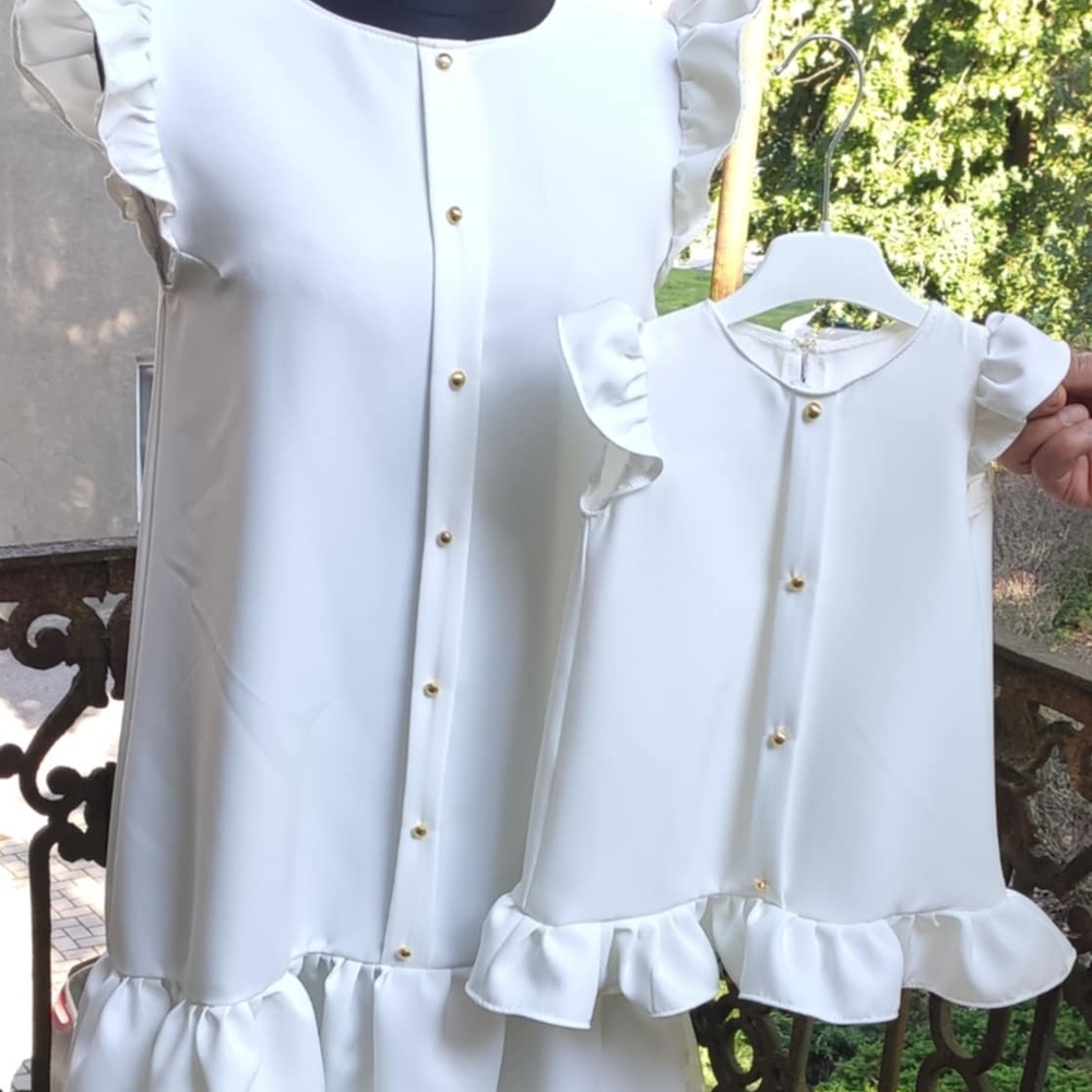Handmade Chic White Ruffle Dresses with Gold Buttons for Mother and  daughter